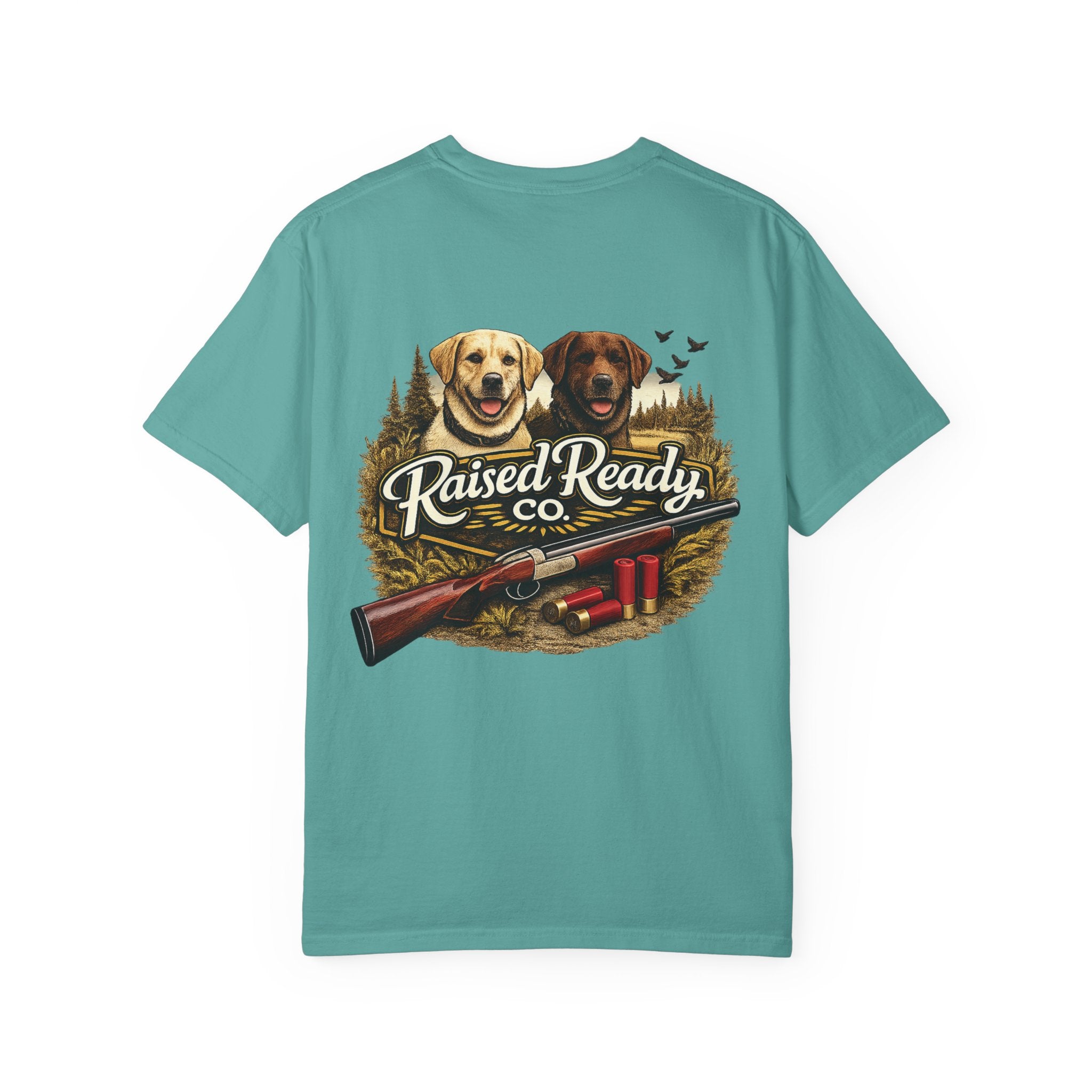 Raised Ready Co. Hunting Dogs T-Shirt — Retriever Duo with Shotgun Graphic