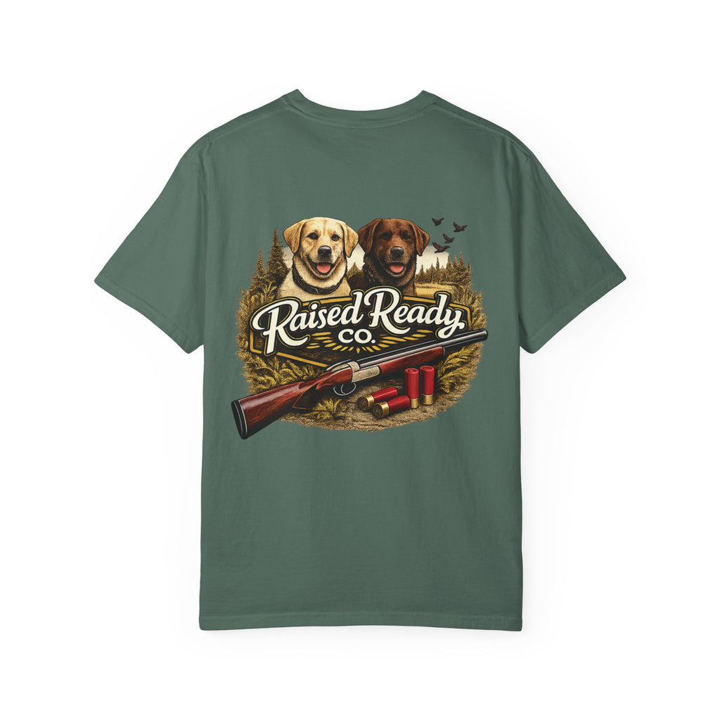 Raised Ready Co. Hunting Dogs T-Shirt — Retriever Duo with Shotgun Graphic