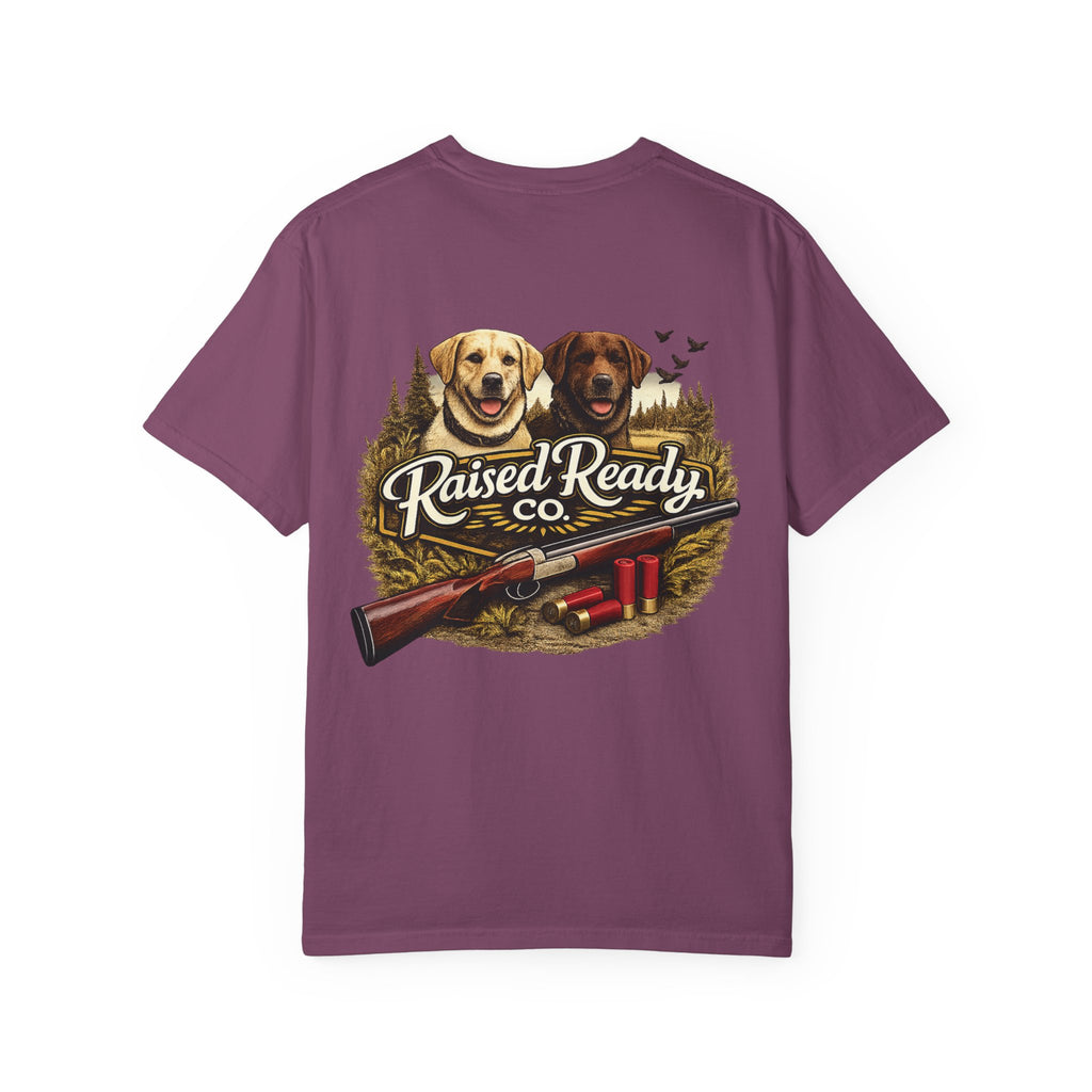 Raised Ready Co. Hunting Dogs T-Shirt — Retriever Duo with Shotgun Graphic