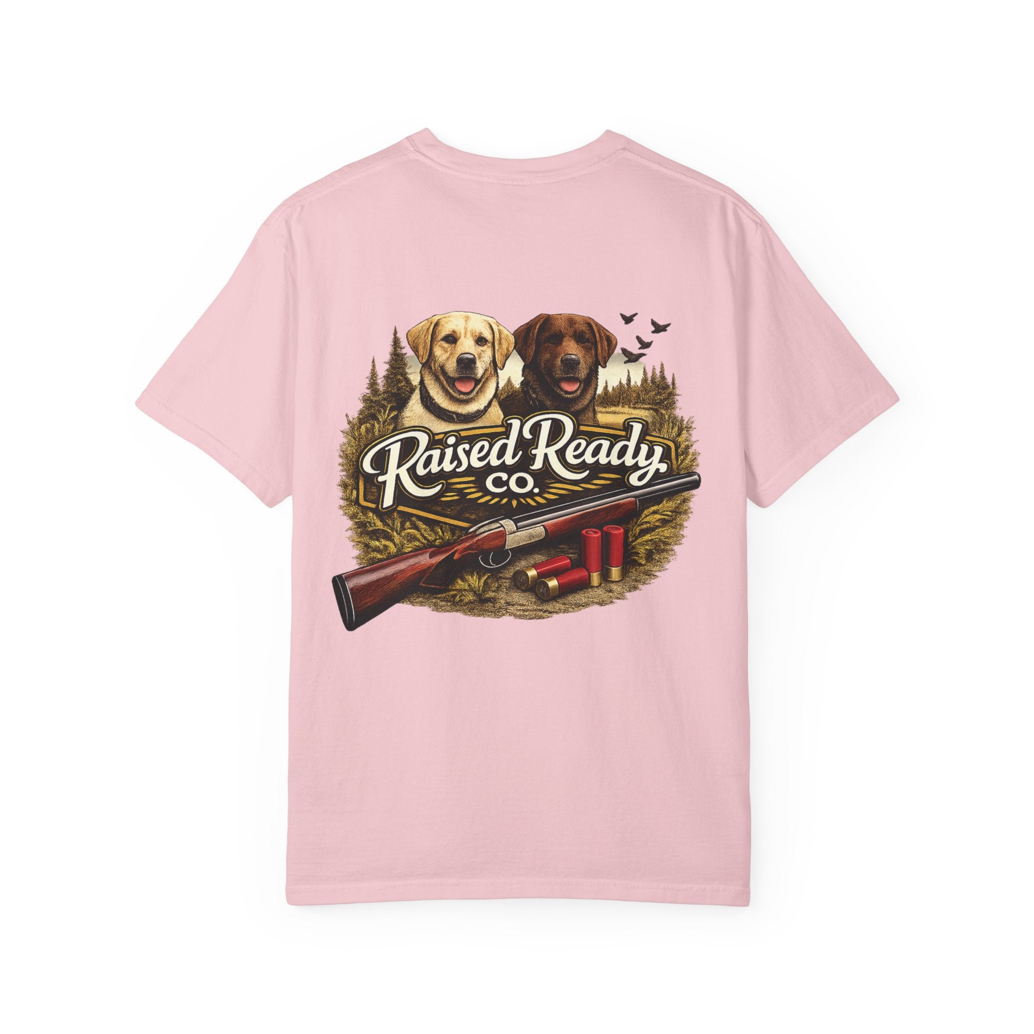 Raised Ready Co. Hunting Dogs T-Shirt — Retriever Duo with Shotgun Graphic