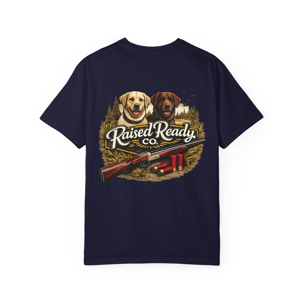 Raised Ready Co. Hunting Dogs T-Shirt — Retriever Duo with Shotgun Graphic