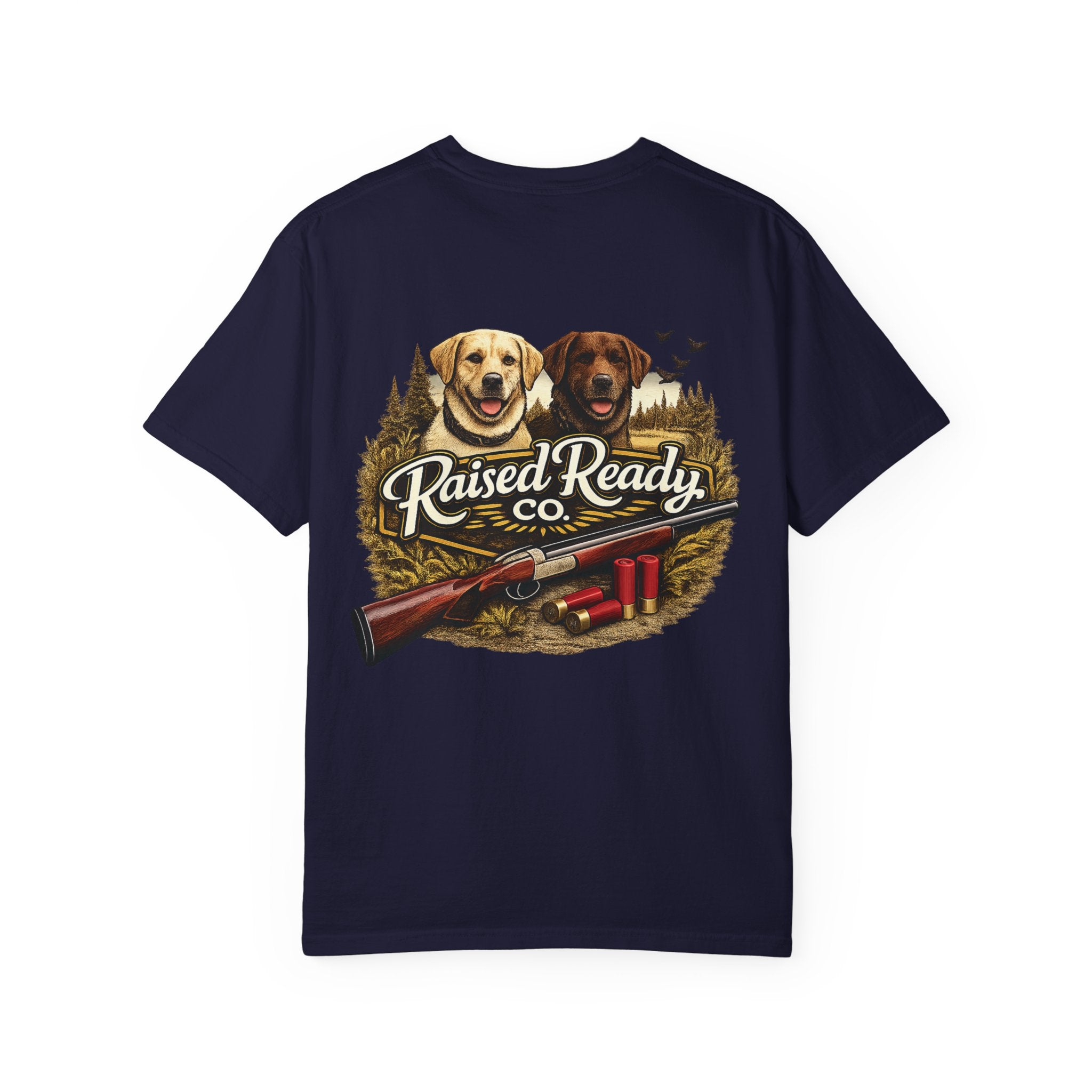 Raised Ready Co. Hunting Dogs T-Shirt — Retriever Duo with Shotgun Graphic
