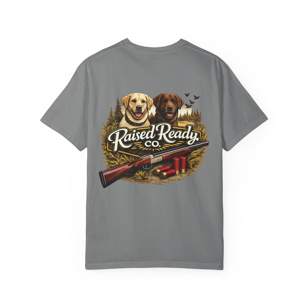 Raised Ready Co. Hunting Dogs T-Shirt — Retriever Duo with Shotgun Graphic
