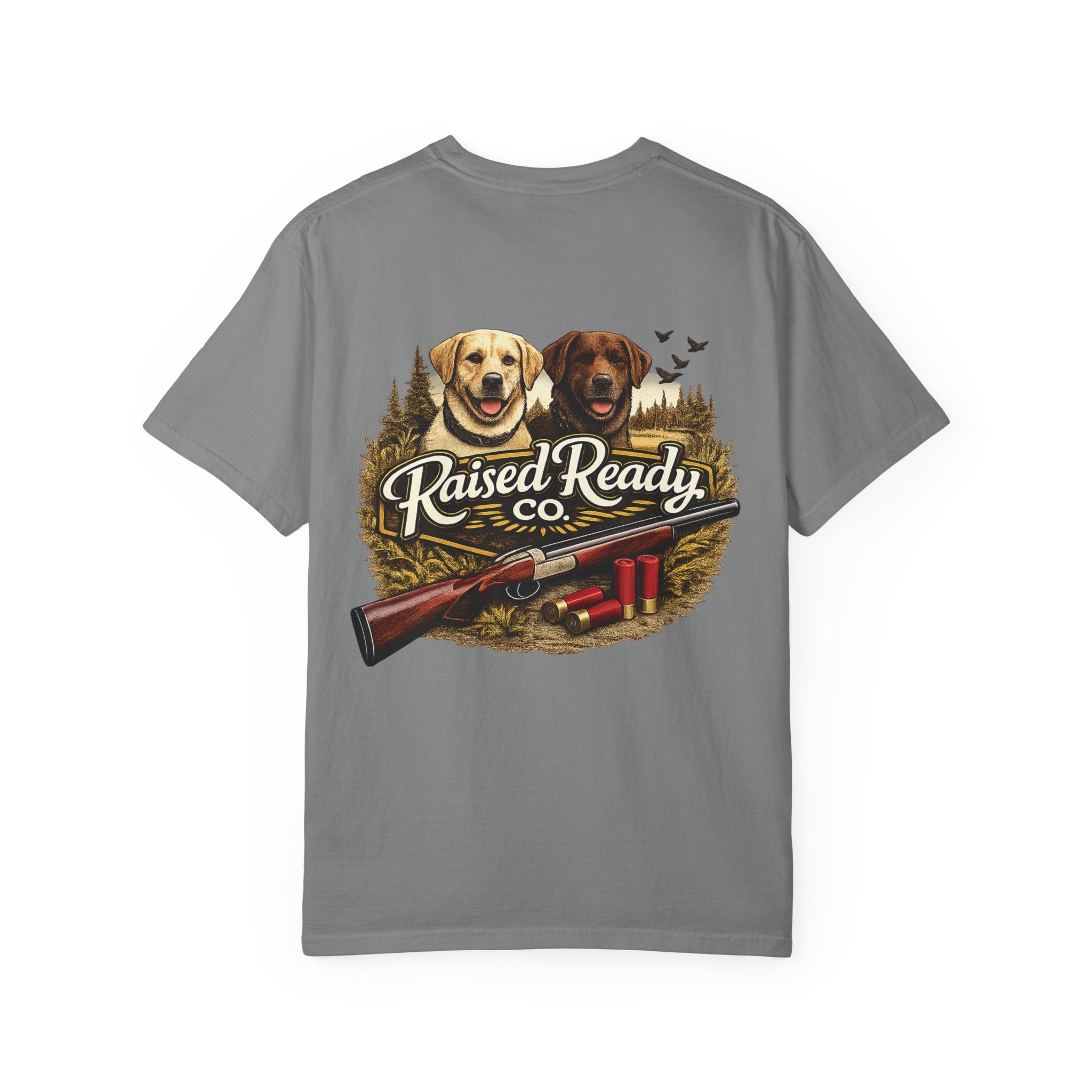 Raised Ready Co. Hunting Dogs T-Shirt — Retriever Duo with Shotgun Graphic
