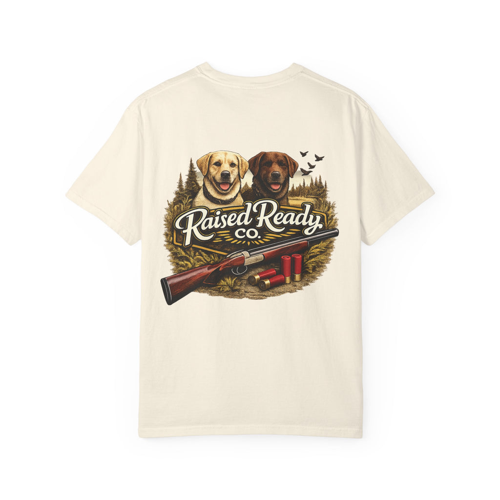 Raised Ready Co. Hunting Dogs T-Shirt — Retriever Duo with Shotgun Graphic