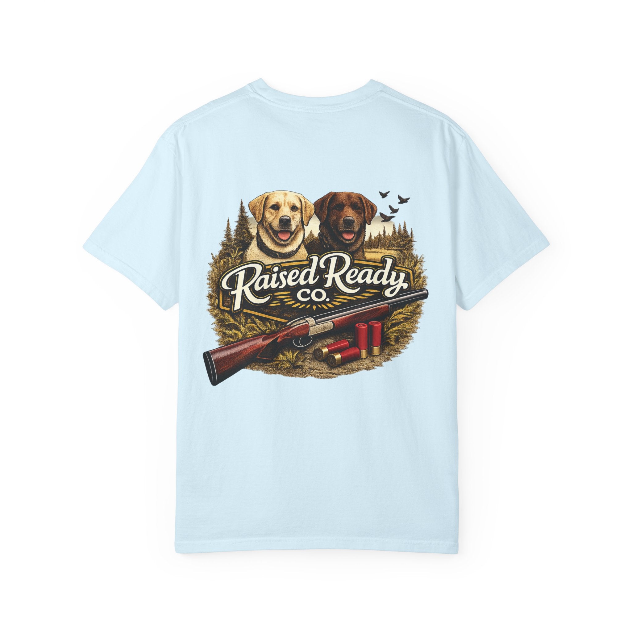 Raised Ready Co. Hunting Dogs T-Shirt — Retriever Duo with Shotgun Graphic