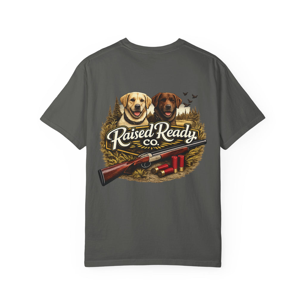 Raised Ready Co. Hunting Dogs T-Shirt — Retriever Duo with Shotgun Graphic