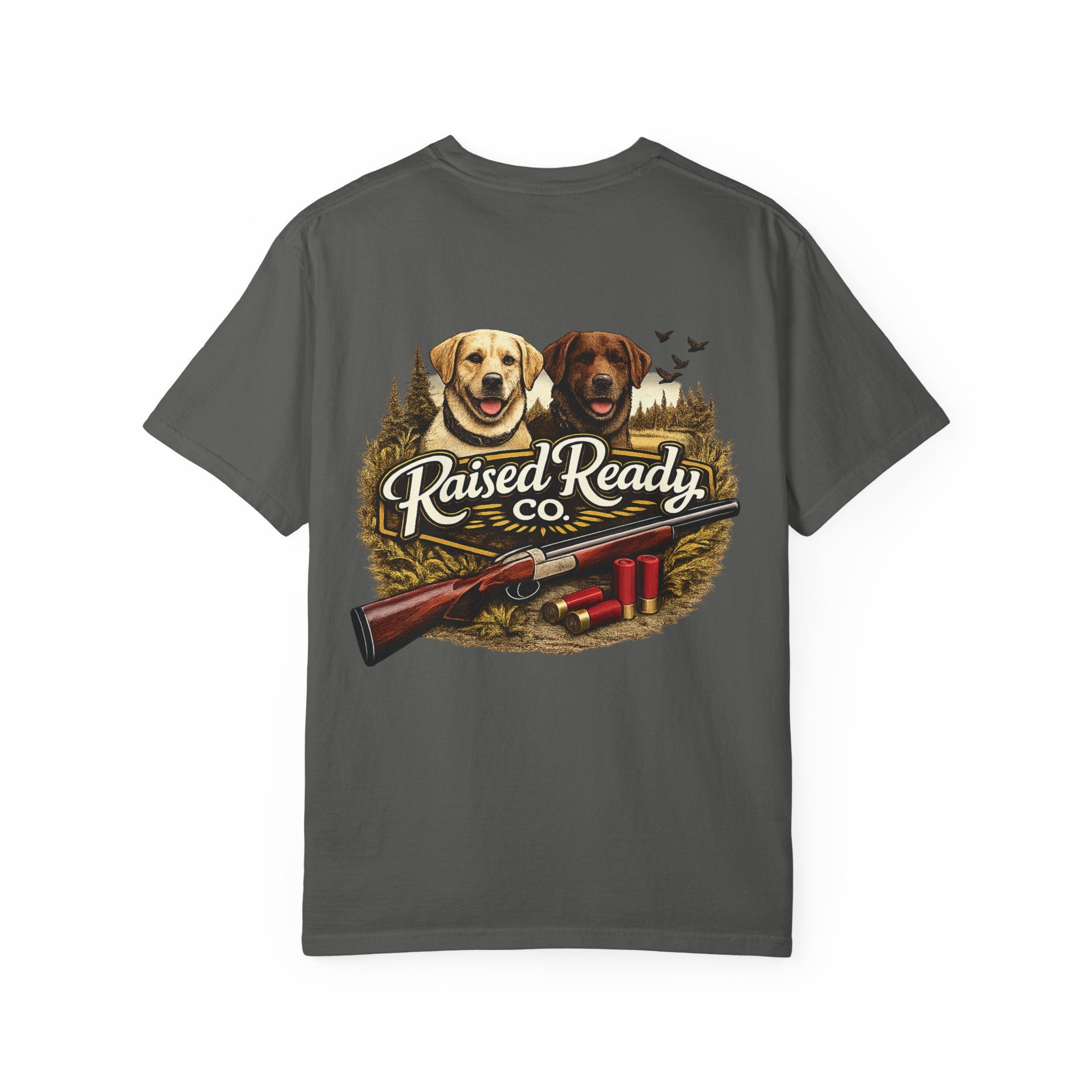 Raised Ready Co. Hunting Dogs T-Shirt — Retriever Duo with Shotgun Graphic