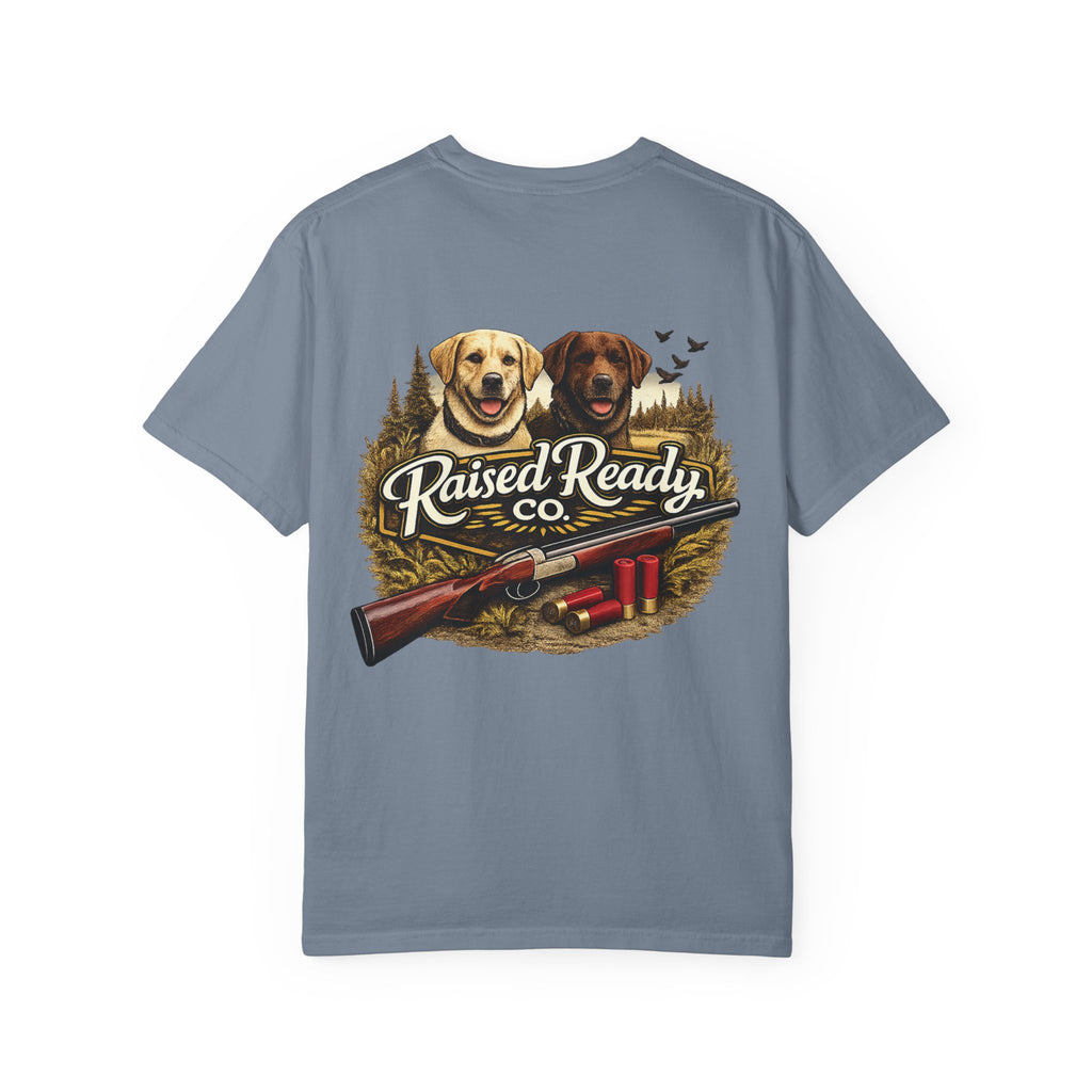 Raised Ready Co. Hunting Dogs T-Shirt — Retriever Duo with Shotgun Graphic