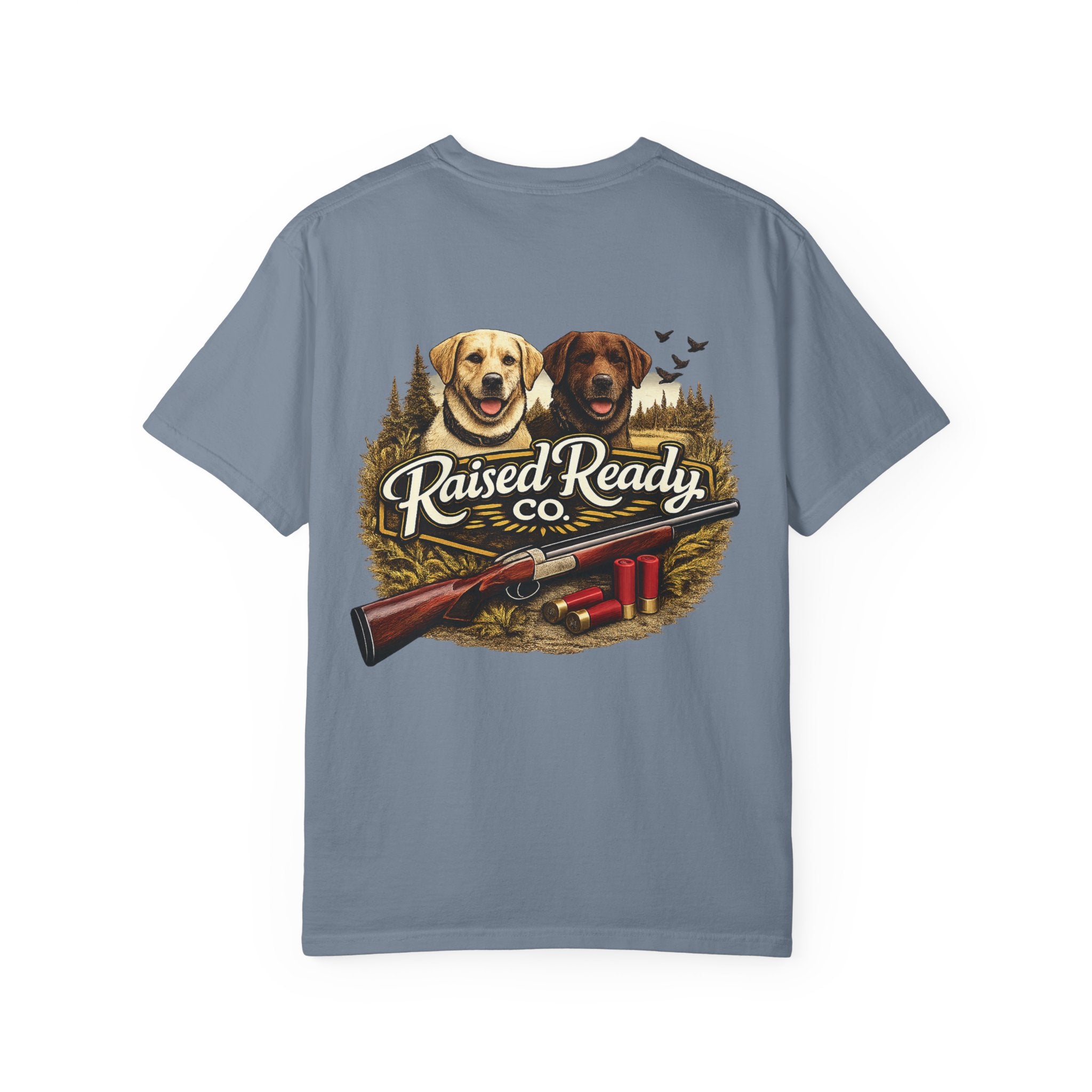 Raised Ready Co. Hunting Dogs T-Shirt — Retriever Duo with Shotgun Graphic