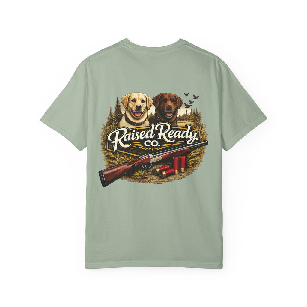 Raised Ready Co. Hunting Dogs T-Shirt — Retriever Duo with Shotgun Graphic
