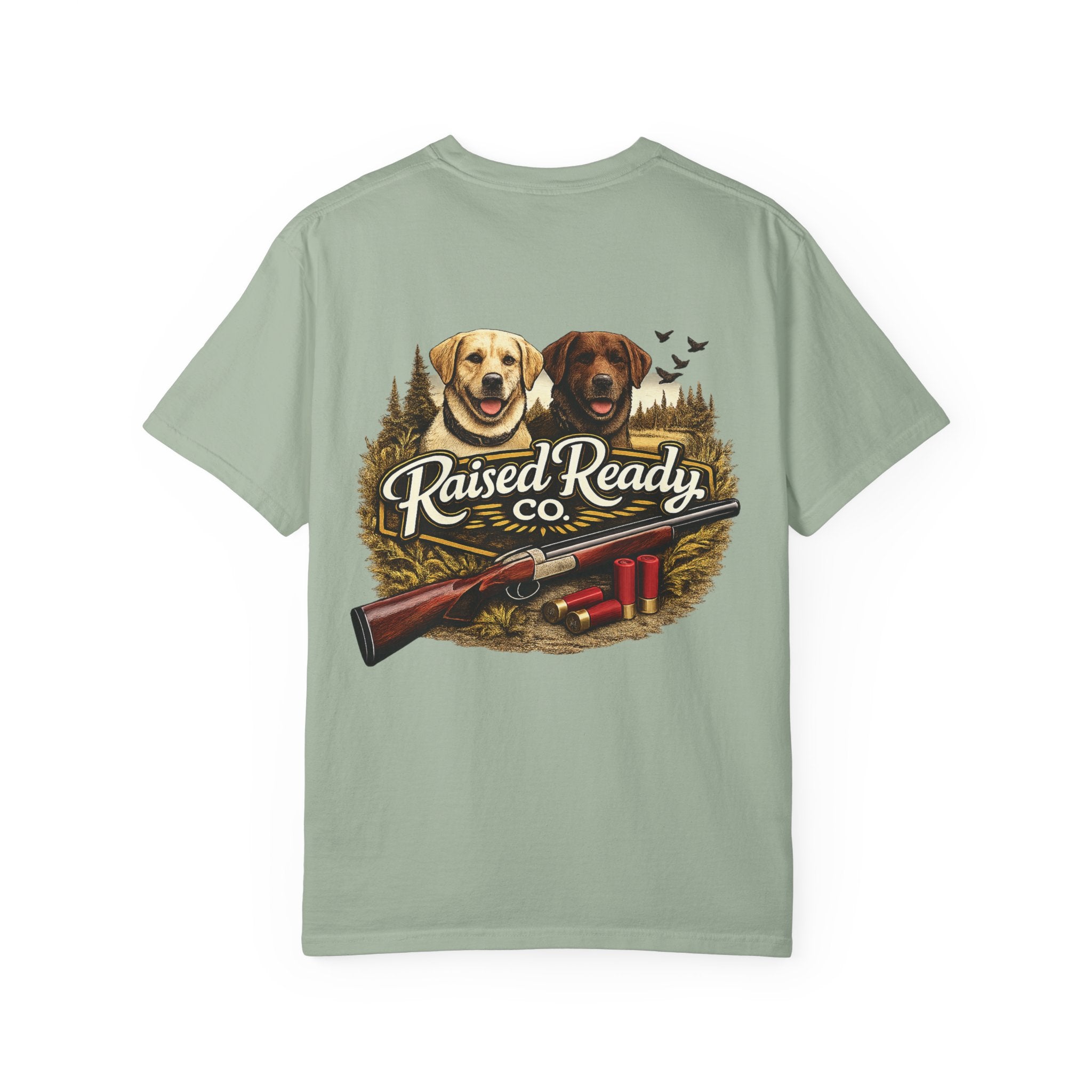 Raised Ready Co. Hunting Dogs T-Shirt — Retriever Duo with Shotgun Graphic