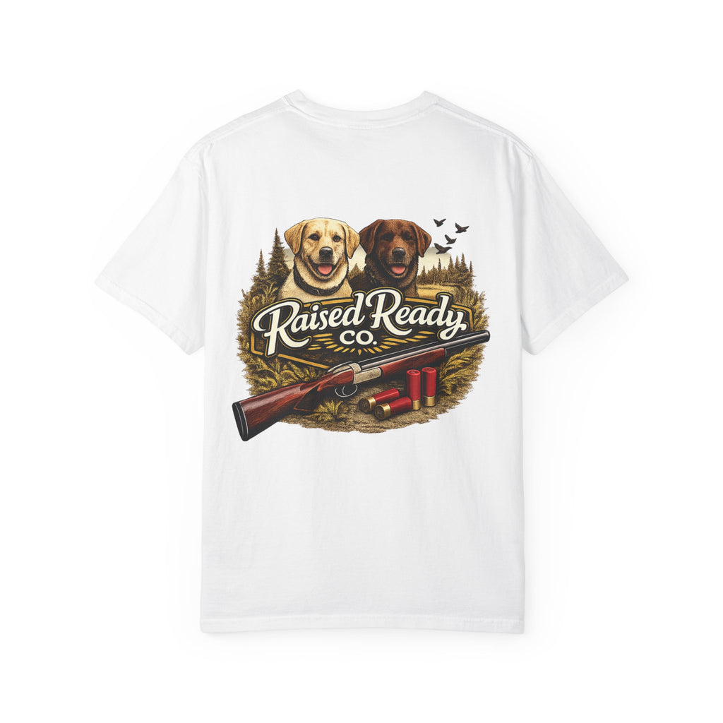 Raised Ready Co. Hunting Dogs T-Shirt — Retriever Duo with Shotgun Graphic
