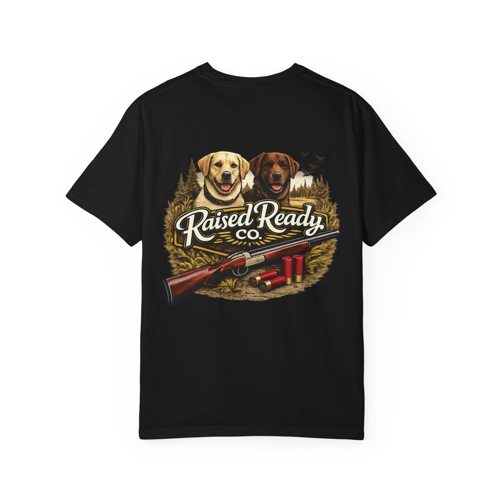 Raised Ready Co. Hunting Dogs T-Shirt — Retriever Duo with Shotgun Graphic