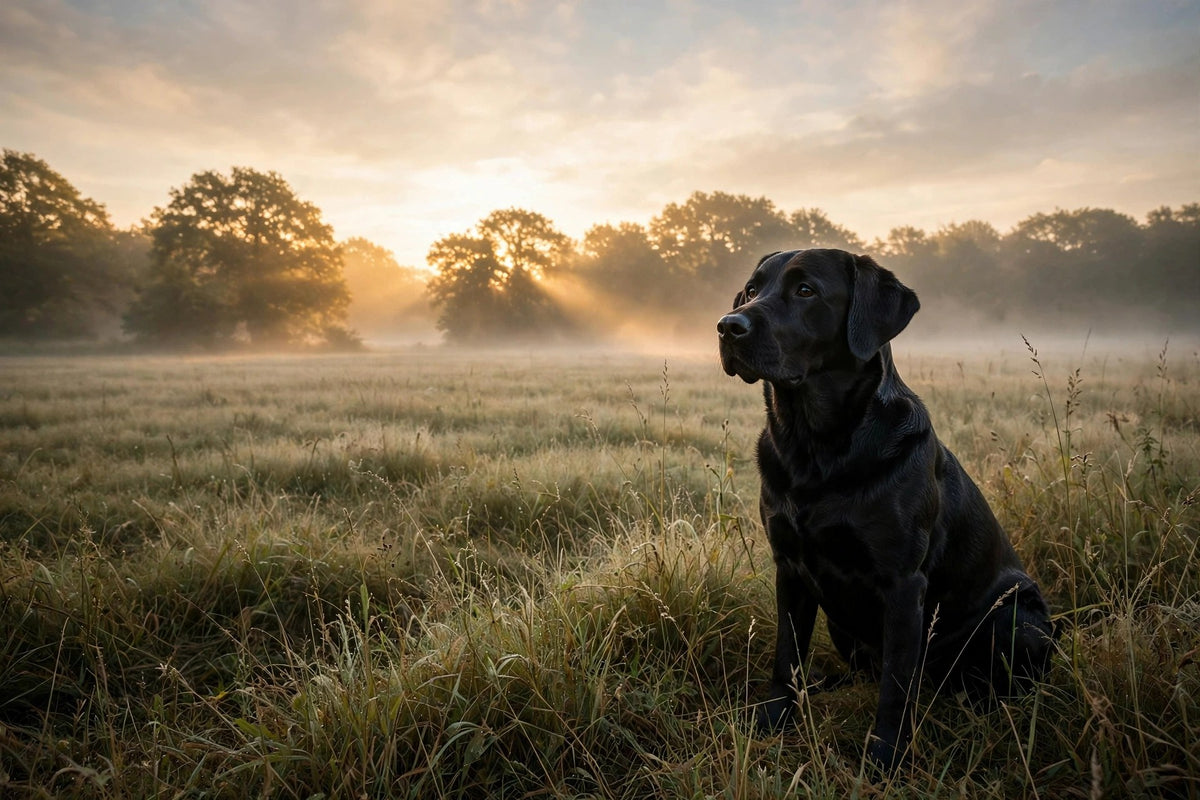 Black Labrador retriever in a misty field at sunrise